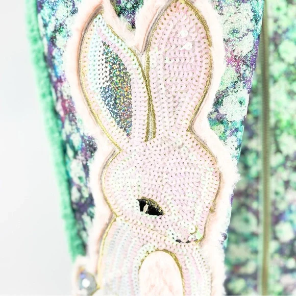 Irregular Choice “Lapin” Fuzzy Bunny Sequin Glitter Boots Mint Green & Pink - Picture 6 of 6
